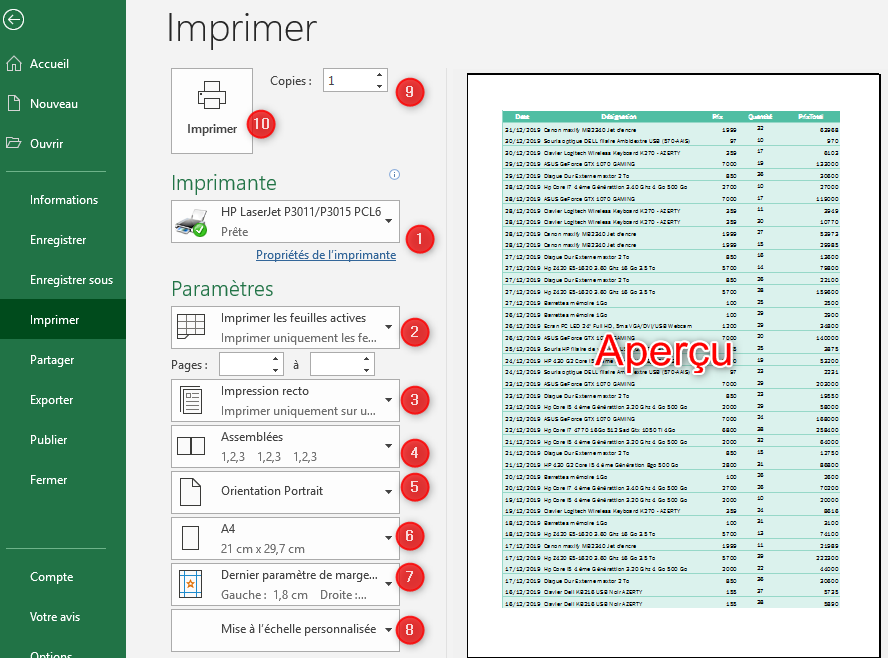 Imprimer et enregistrer un classeur